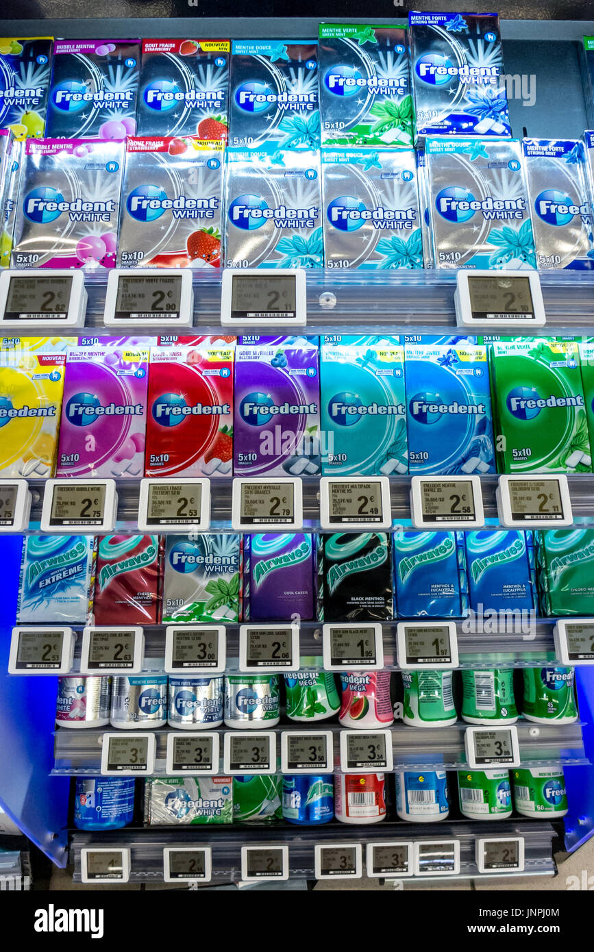 Selection of chewing-gums on sale in a French supermarket Stock Photo