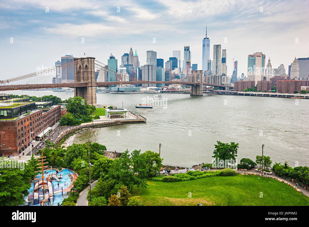 Panoramic view to Brooklyn Bridge and Downtown Manhattar Stock Photo