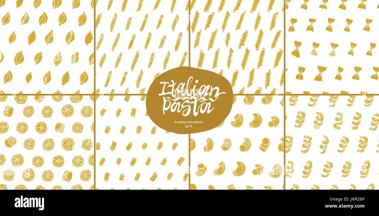 Different kinds of Italian pasta seamles vector pattern set Stock ...