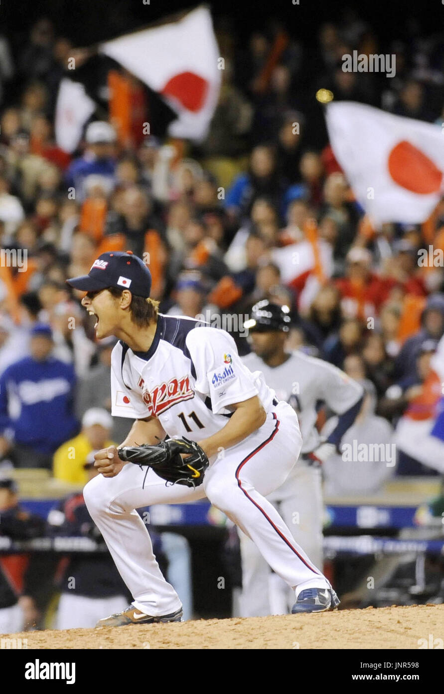 LOS ANGELES, United States - Japan closer Yu Darvish reacts after ...