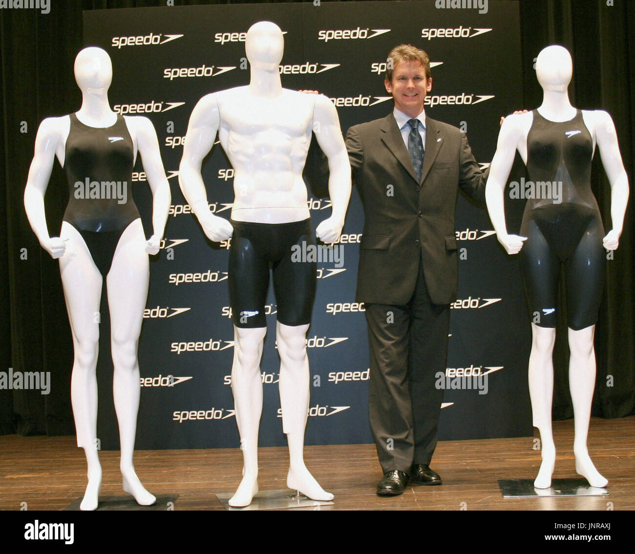 TOKYO, Japan - Speedo Vice President Jason Rance unveils a new series of  the high-tech LZR Racer Elite in Tokyo on Nov. 27, 2009. The British  sportswear maker removed polyurethane pieces in