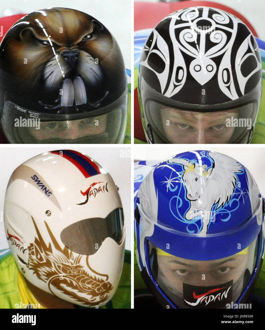 WHISTLER, Canada - Composite photo shows the helmets of Vancouver Olympic skeleton racers featuring animals: Clockwise from left top, a beaver on Canadian Jeff Pain, a turtle on Canadian Jon Montgomery, Pegasus on Japanese Shinsuke Tayama and a dragon on Japanese Kazuhiro Koshi. (Kyodo) Stock Photo