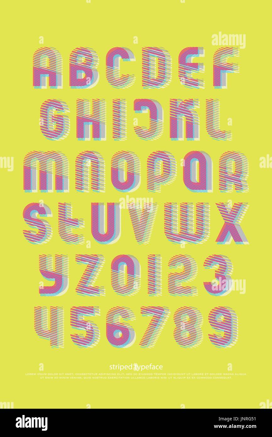 colorful alphabet letters and numbers with striped pattern. vector, bright font type. regular typeface geometric design. contemporary, textured typese Stock Vector