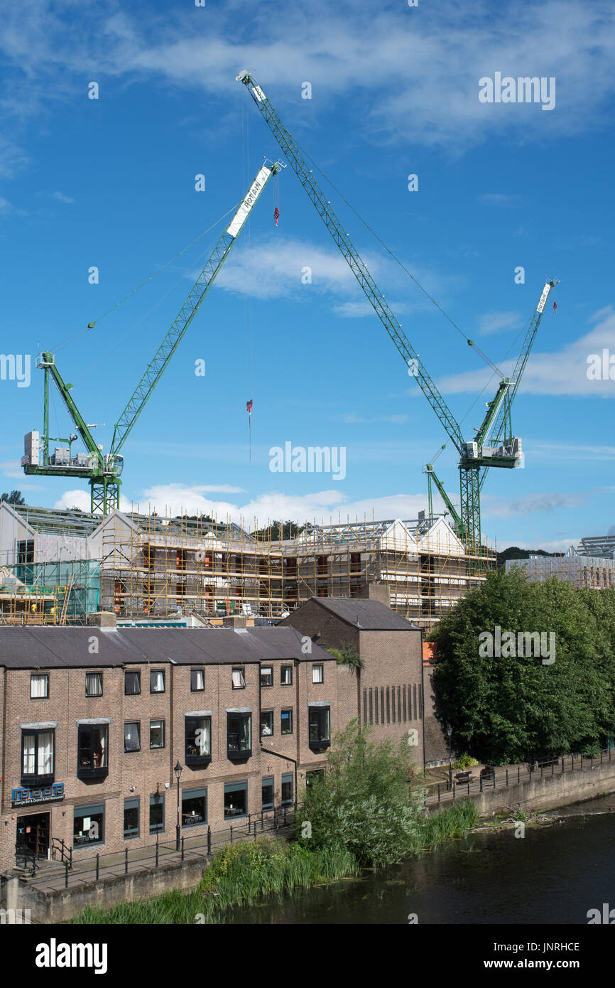 Construction of Riverwalk shopping centre by Sir Robert McAlpine using Potain cranes, Durham City, England, UK Stock Photo