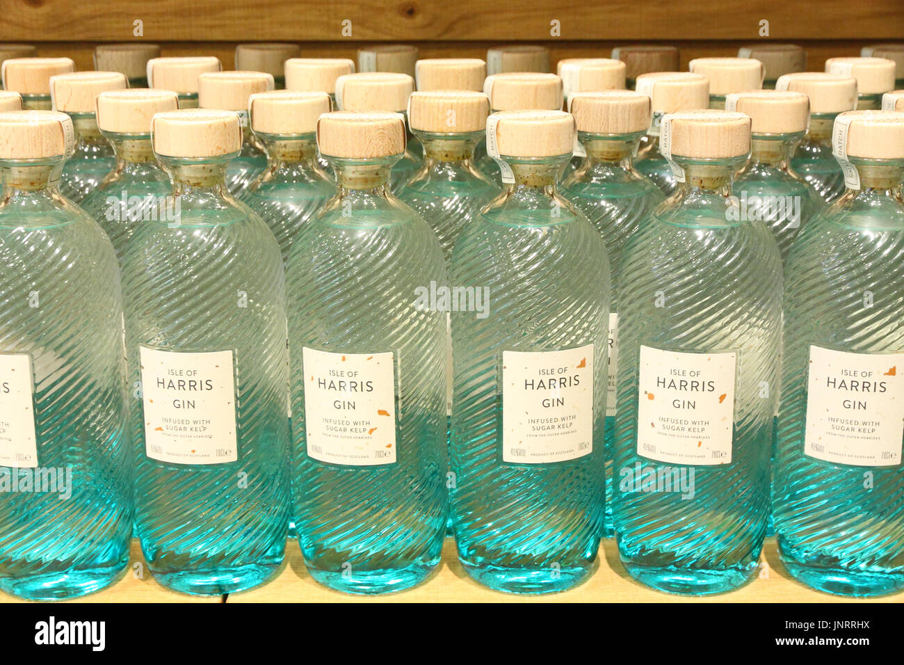 Bottles of Isle of Harris Gin in their shop in Tarbert, Harris and Lewis Stock Photo