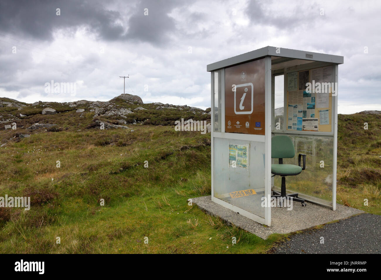 Tourist Information booth randomly placed at roadside south of Tarbert of Isle of Harris and Lewis, Scotland Stock Photo