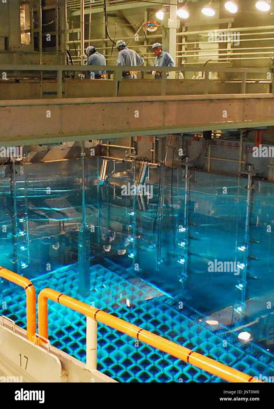 TSURUGA, Japan - Plutonium-uranium mixed oxide fuel processed in France for ''pluthermal'' power generation is placed in a storage pool filled with boric acid solution at Takahama nuclear power plant in Takahama, Fukui Prefecture, on July 6, 2010. Kansai Electric Power Co. gave the media access to observe the process. (Kyodo) Stock Photo