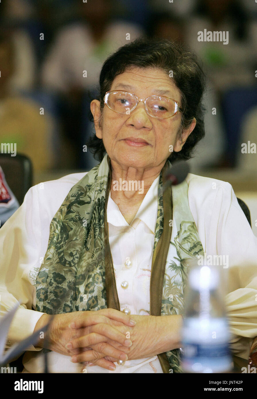 PHNOM PENH, Cambodia - Ieng Thirith, a former Khmer Rouge minister of social affairs, attends a public hearing at the U.N.-backed tribunal at the Extraordinary Chambers in the Courts of Cambodia on the outskirts of Phnom Penh on April 30, 2010. The court decided to keep her, her husband Ieng Sary, former Khmer Rouge foreign minister, and Khieu Samphan, former Khmer Rouge head of state, in detention for another year. (Kyodo) Stock Photo