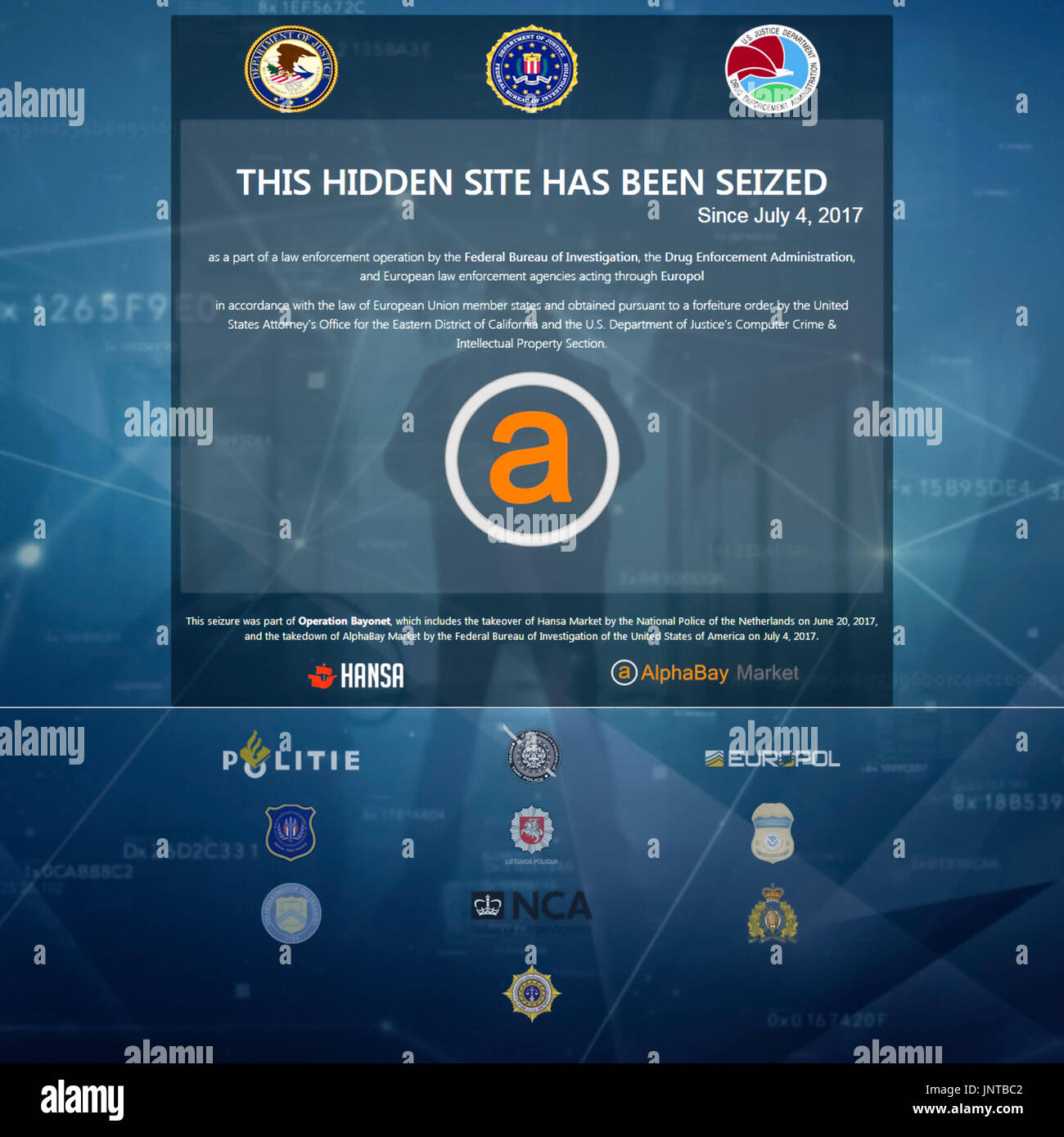'This Hidden Site Has Been Seized Since July 4, 2017” US Department of Justice (DoJ), FBI, DEA and Europol screen displayed on AlphaBay contraband marketplace accessed via the TOR network. See below for more information. Stock Photo