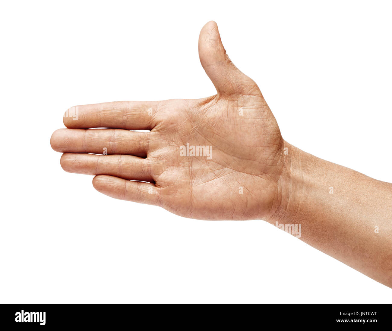 Man's hand outstretched in greeting isolated on white background. Close up. High resolution Stock Photo