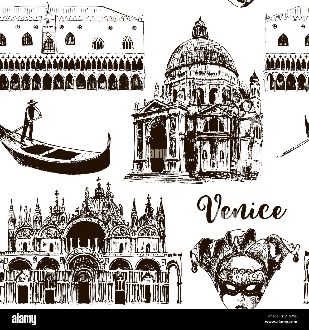 Venice architectural symbols seamless pattern vector set: gondola, Carnival mask, palazzo Ducale, basilica, San Marco, Santa Maria della Salute, sketc Stock Vector