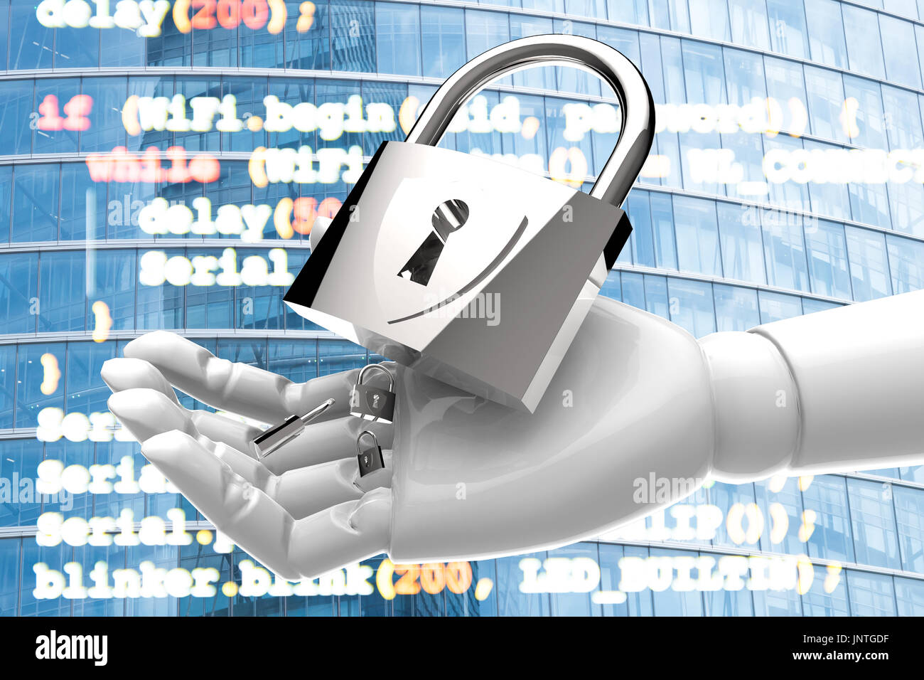 Cyber security network iot technology with artificial intelligence (ai) concept. Master keys on robot hand and code of networking virtual graphic and  Stock Photo