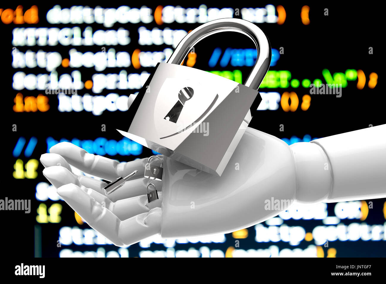 Cyber security network in iot technology with artificial intelligence (ai) concept. Master keys on robot hand and code of networking virtual graphic a Stock Photo