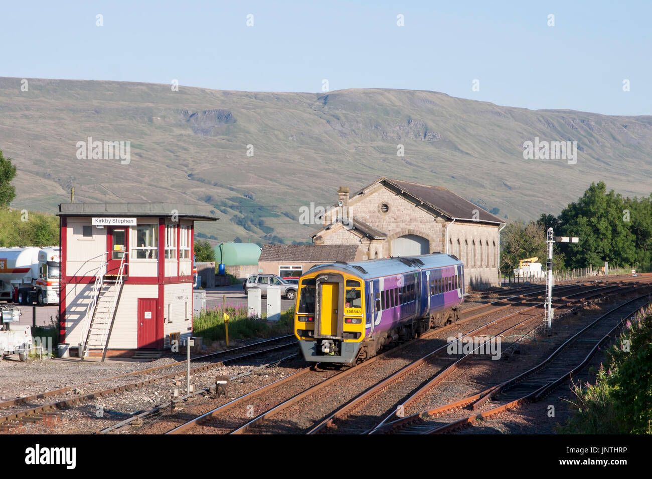 Northern Rail Class 158 at Kirkby Stephen Station on the scenic Settle & Carlisle Railway Line in Cumbria.Operating a service from  Carlisle to Leeds Stock Photo