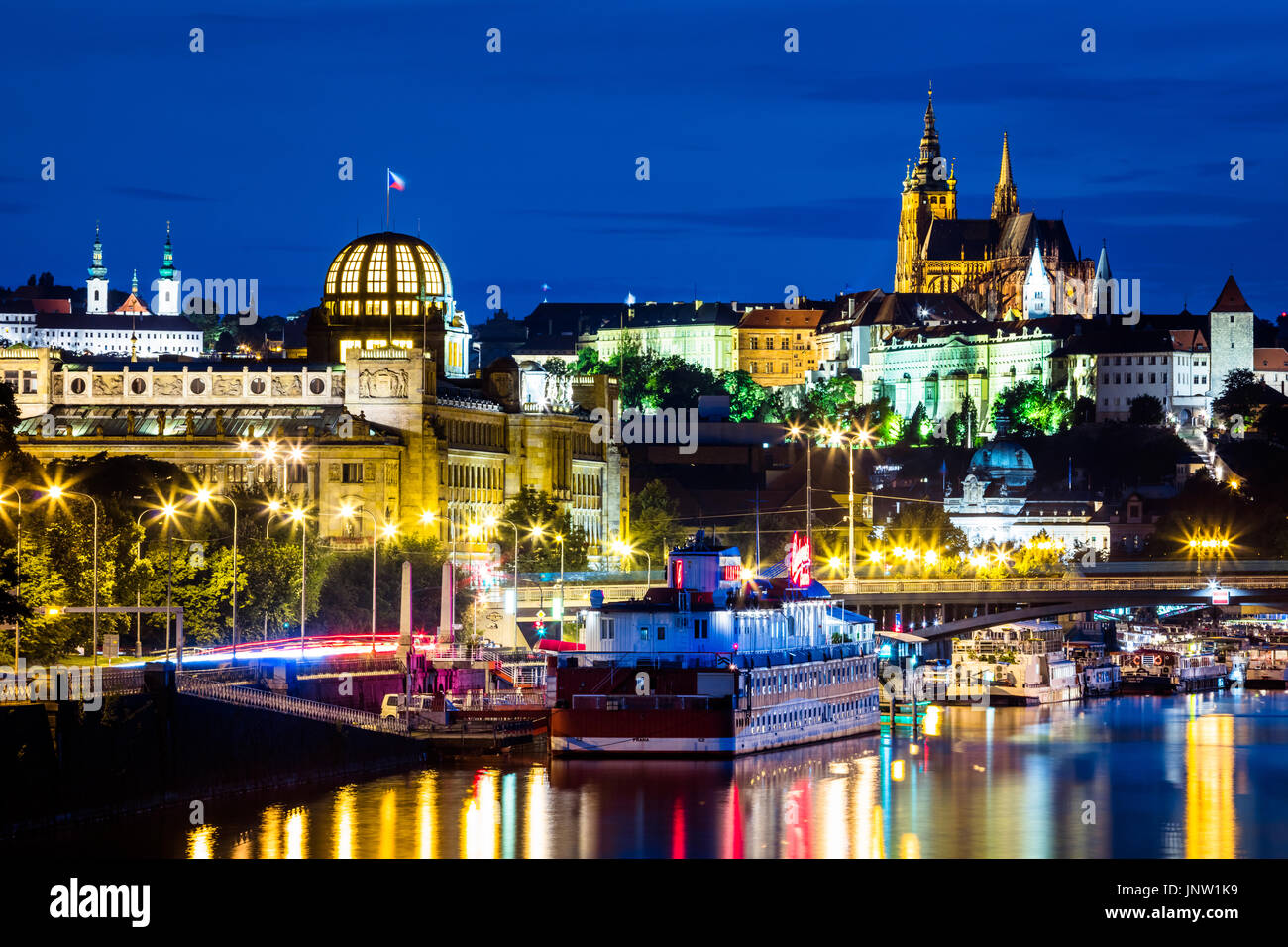 Europe, Czech Republic, Czechia, Prague, Praha, Old Town, UNESCO, Prague Castle, Prazsky hrad & St. Vitus Cathedral from Vltava, Moldau river, dusk Stock Photo