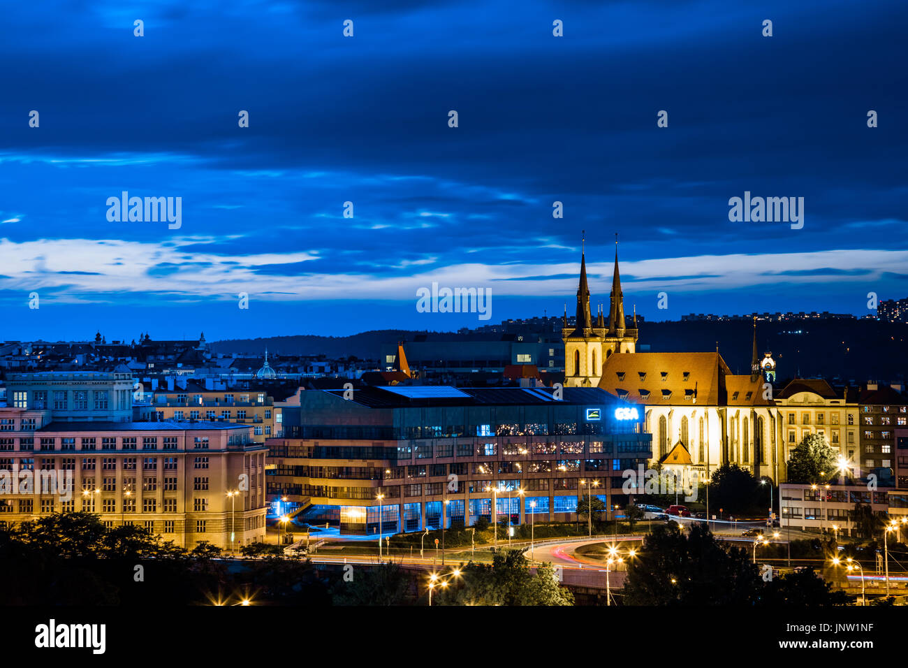 Europe, Czech Republic, Czechia, Prague, Praha, Historical Centre, City Skyline along Vltava River with Church of St. Anthony of Paduan at night, dusk Stock Photo