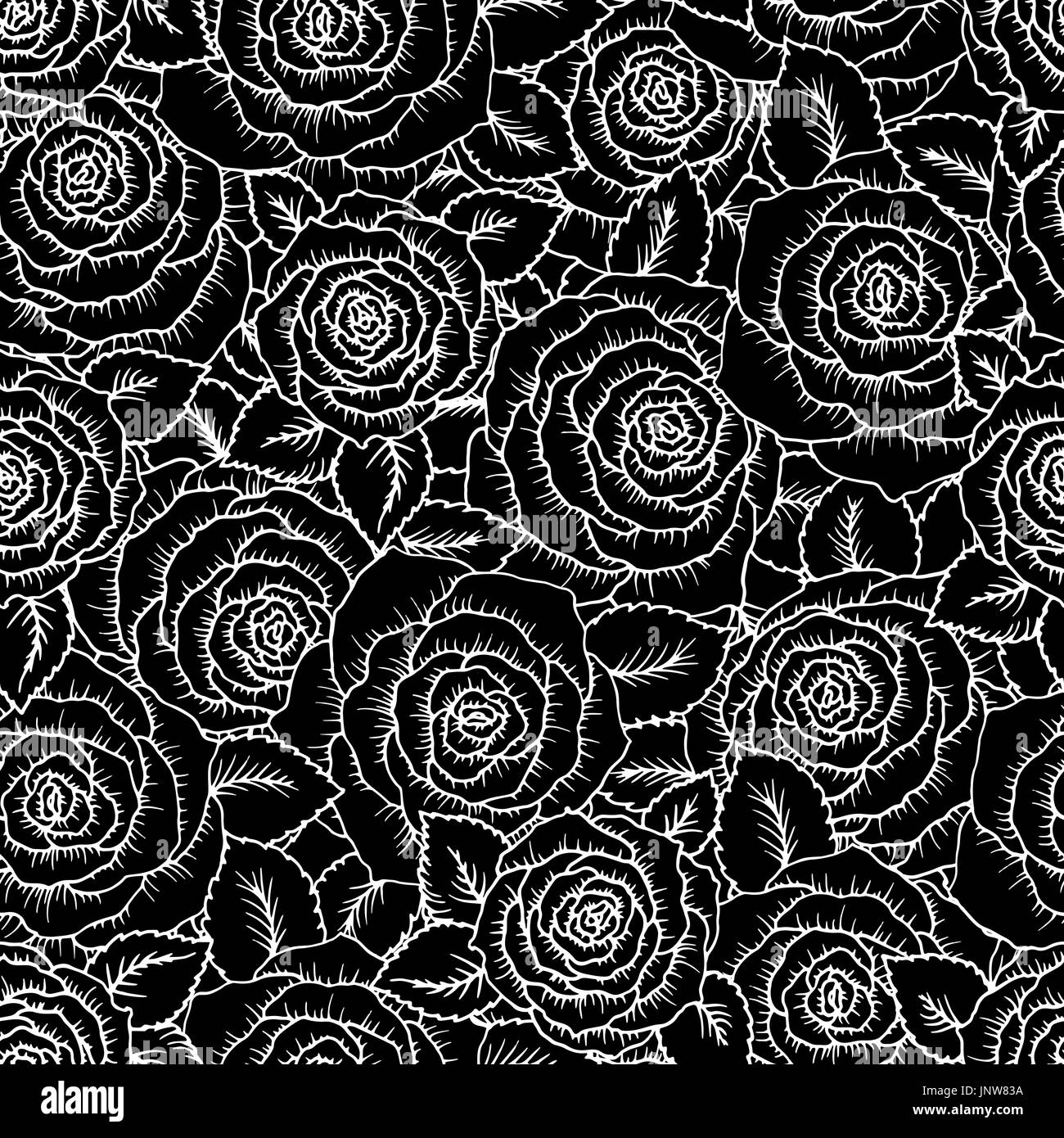 beautiful black and white seamless pattern roses with outlines. Hand ...