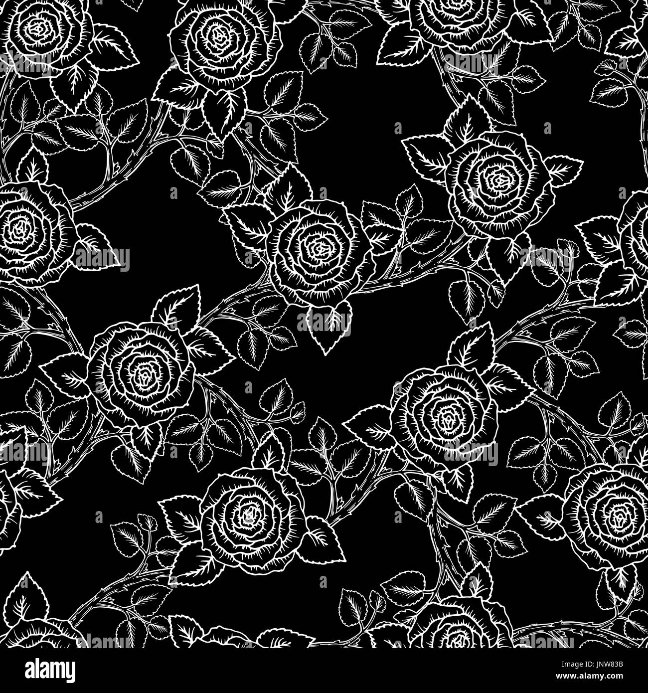 beautiful black and white seamless pattern roses with outlines. Hand ...