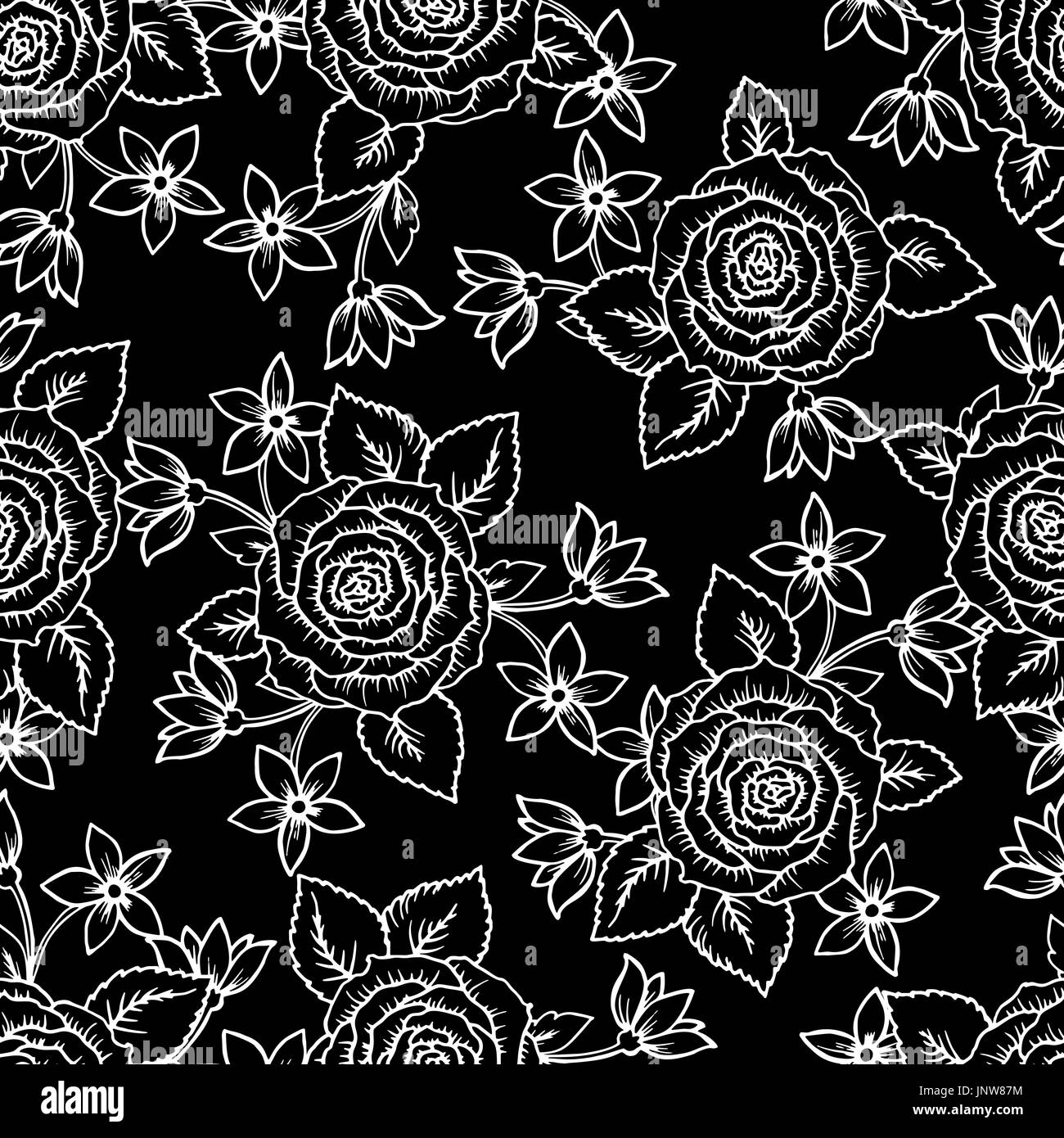 beautiful black and white seamless pattern roses with little lily ...