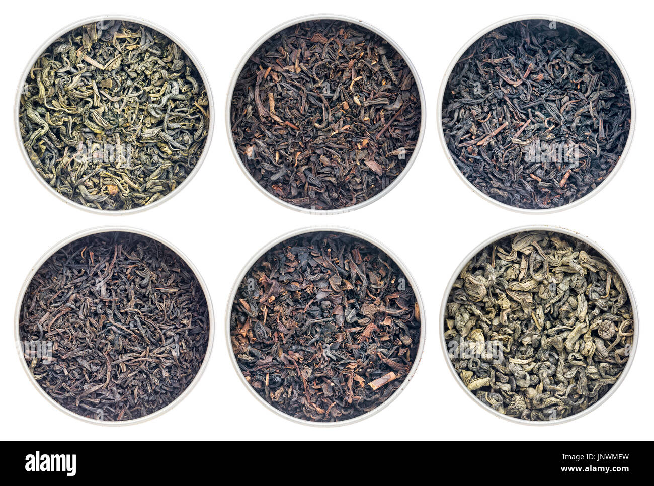 six historical loose leaf black (bohea, oolong, souchong, congou) and green (hyson, singlo) tea collection, the same type thrown over during the Bosto Stock Photo