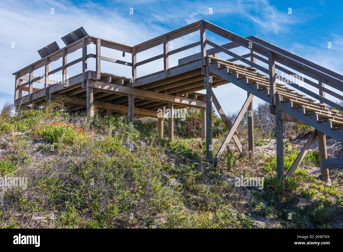 Beach observation deck on the sand dunes of Ponte Vedra Beach at Guana River Preserve in Northeast Florida, USA. Stock Photo
