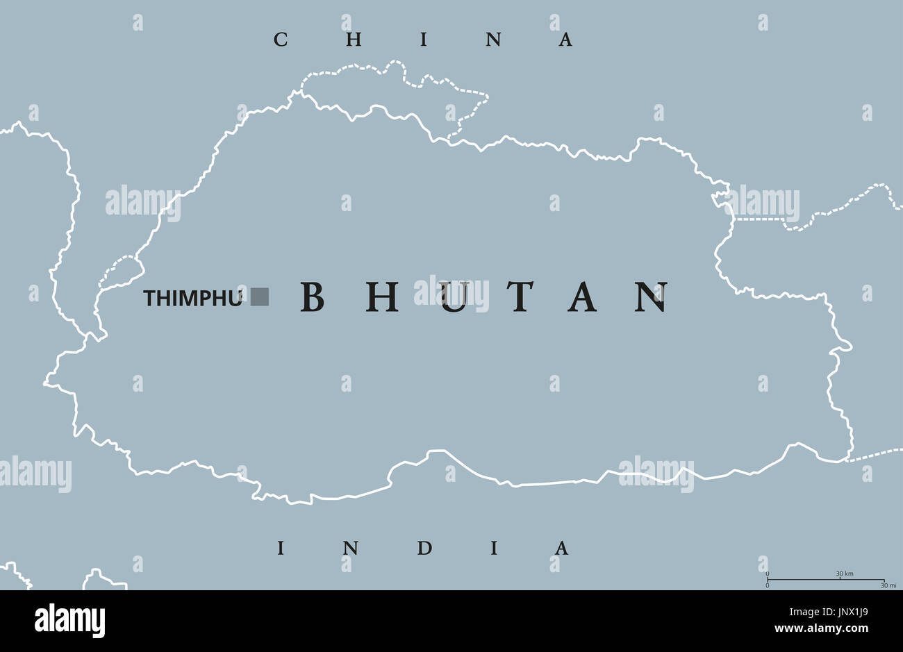 Bhutan political map with capital Thimphu and borders. English labeling. Landlocked kingdom in South Asia in the Eastern Himalayas. Illustration. Stock Photo