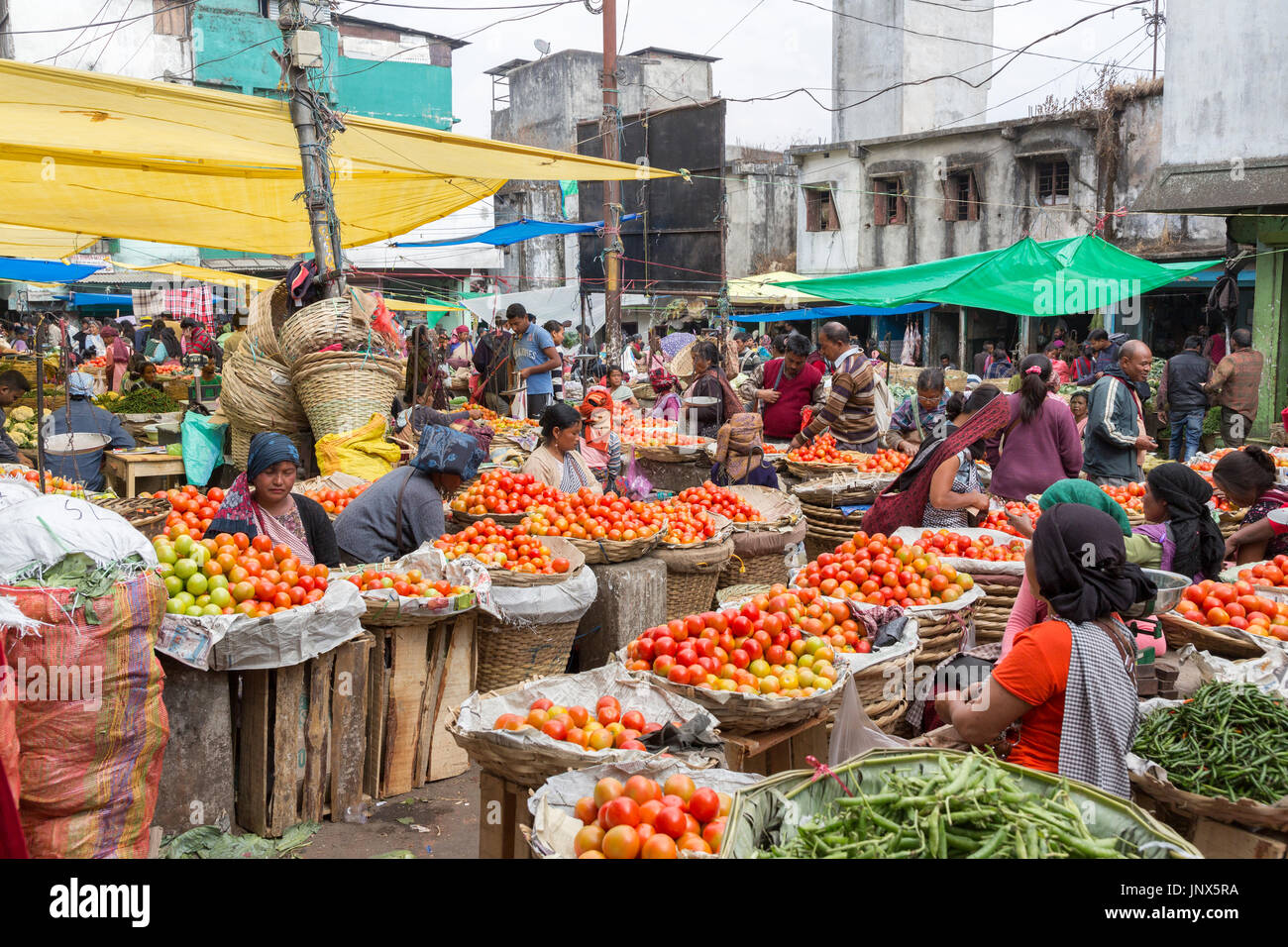 Tomatoes and vegetables on sale in open air market, Shillong, Meghalaya, India Stock Photo