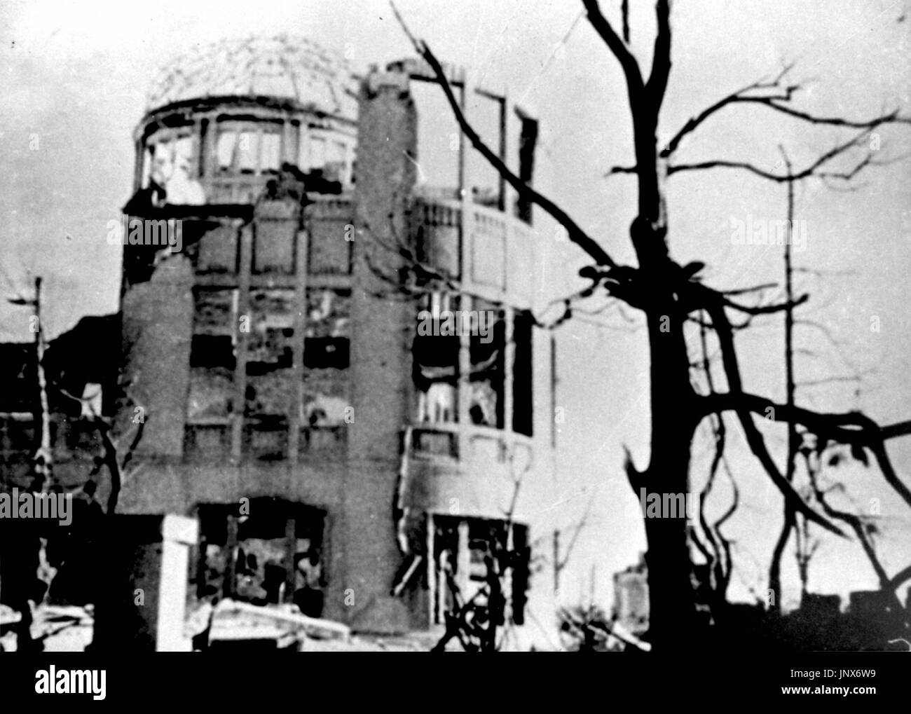 HIROSHIMA, Japan - This file photo shows an area near the Atomic Bomb Dome at the epicenter of the U.S. atomic bombing on Hiroshima. The photo was taken on Aug. 6, 1945. (Kyodo) Stock Photo