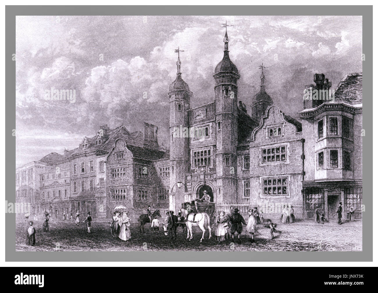Vintage 1800's illustration Abbot's Hospital a Jacobean alms house High Street Guildford, Surrey, England Stock Photo