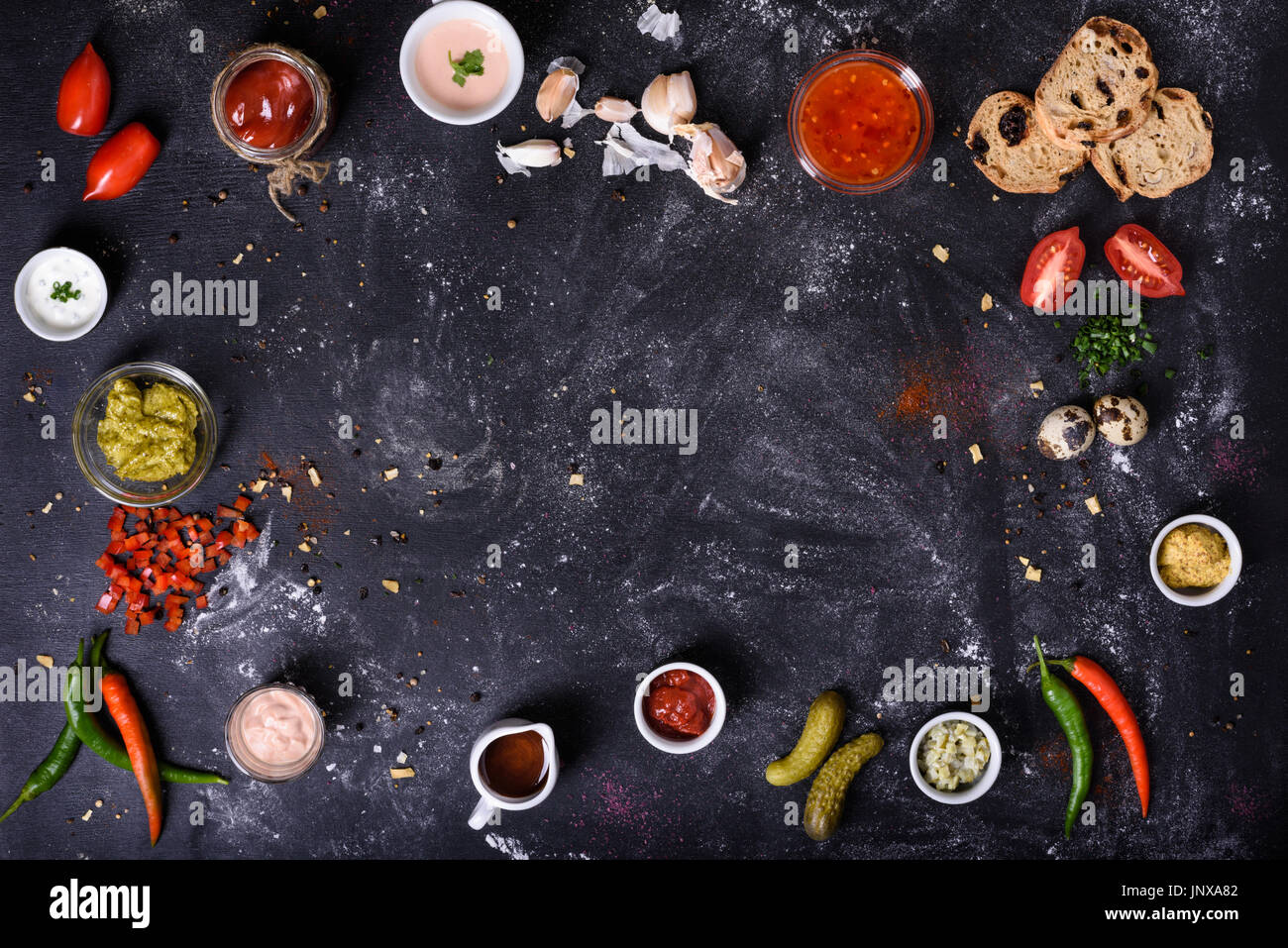 Sauces, appetizers and cooking ingredients, food frame background on