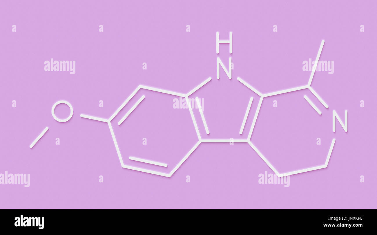 Harmaline indole alkaloid molecule. Found in Syrian rue (Peganum harmala). Skeletal formula. Stock Photo