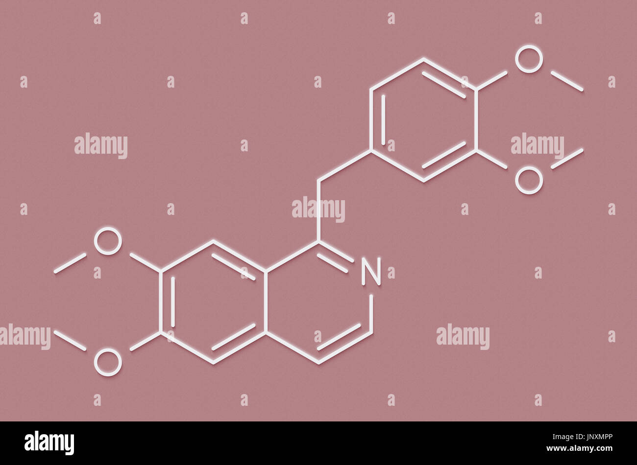 Papaverine opium alkaloid molecule. Used as antispasmodic drug. Skeletal formula. Stock Photo