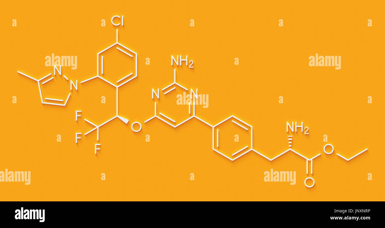 Telotristat ethyl drug molecule (tryptophan hydroxylase inhibitor). Skeletal formula. Stock Photo