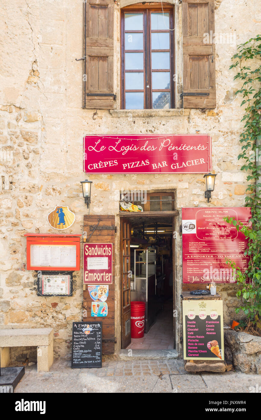Saint-Guilhem-le-Desert, Herault Department, Occitaine, France - October 8, 2015: Restaurant and creperie in Saint-Guilhem-le-Desert in the Languedoc in France. Stock Photo