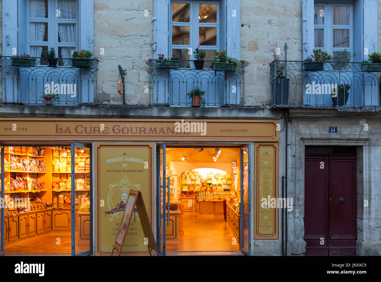 Uzes, Gard department, southern France - October 8, 2015: Chocolate and cookie shop in Uzes, Gard department, southern France. Stock Photo