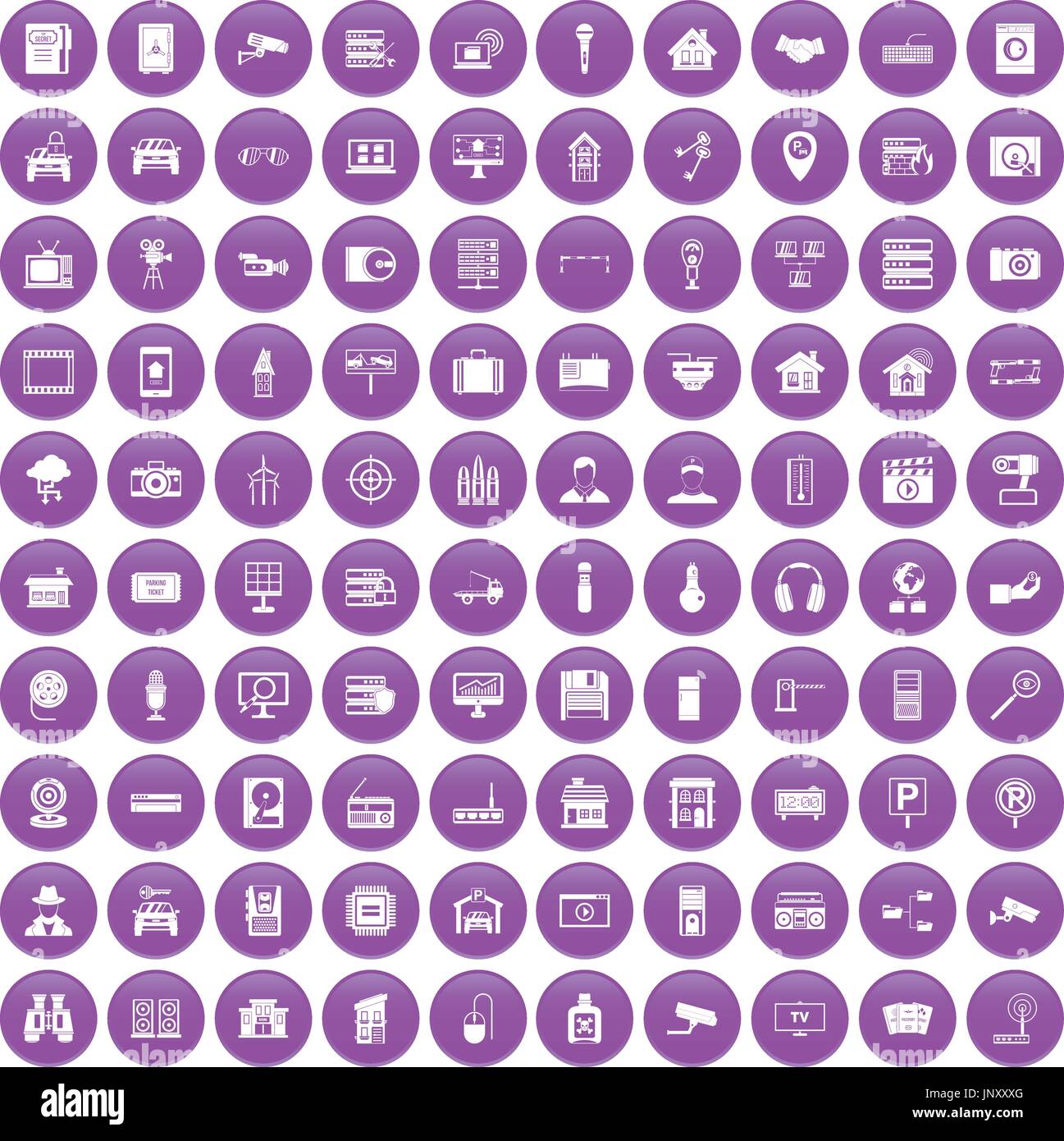 100 camera icons set purple Stock Vector