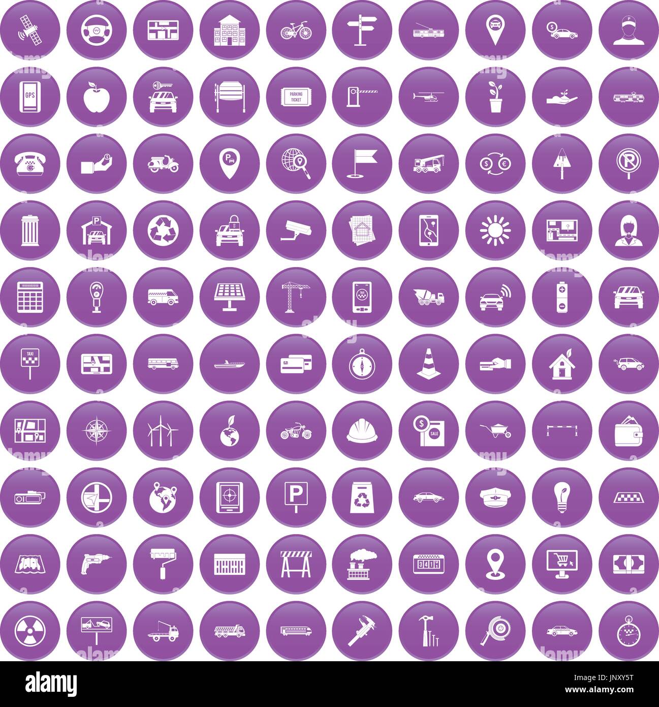 100 car icons set purple Stock Vector