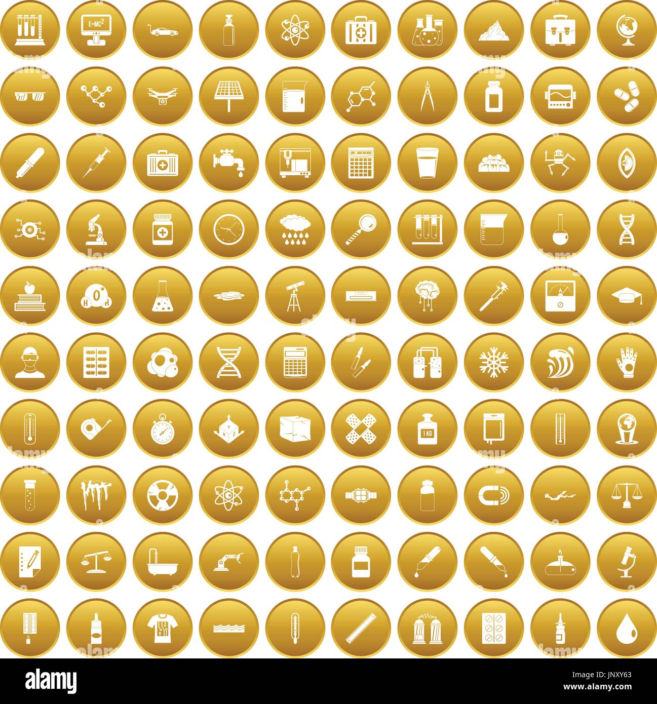 100 laboratory icons set gold Stock Vector