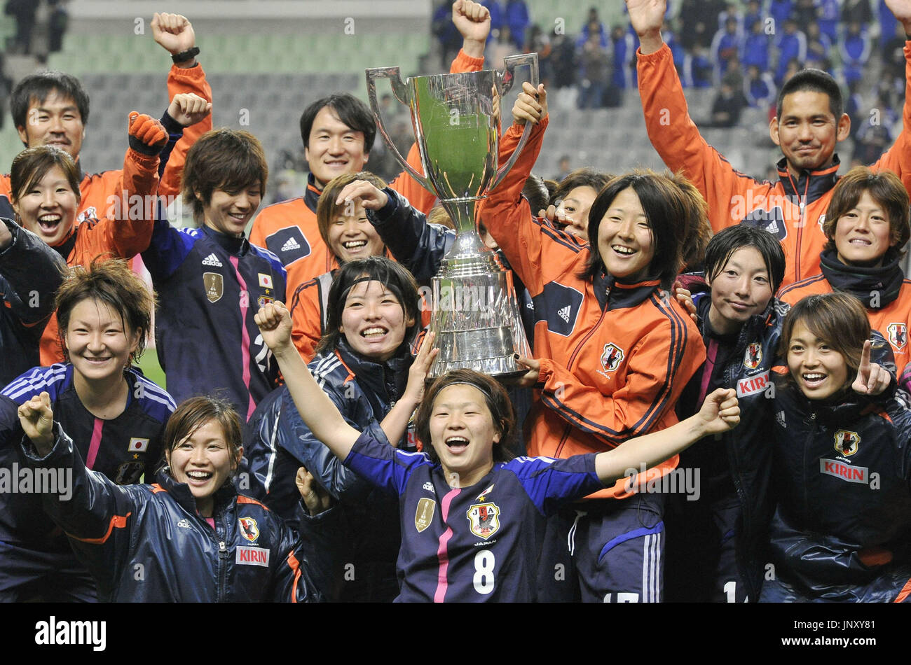 KOBE, Japan Japan women's soccer team players celebrate after beating