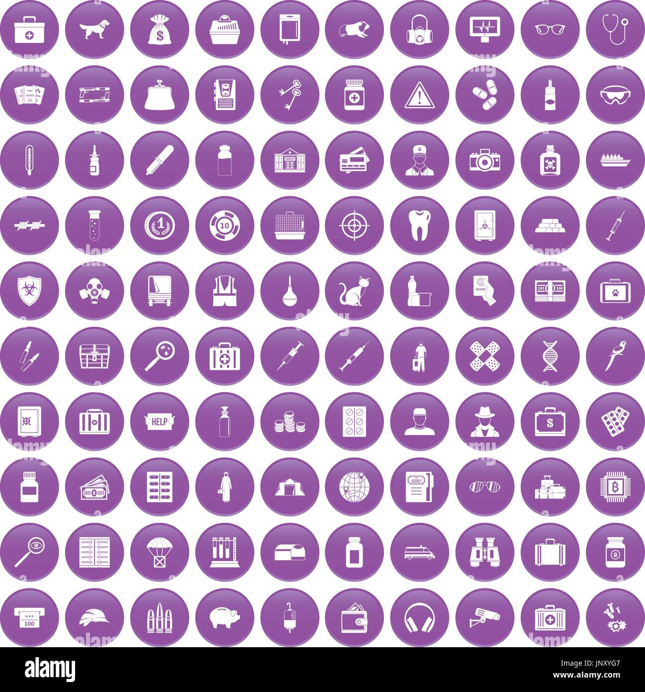 100 case icons set purple Stock Vector