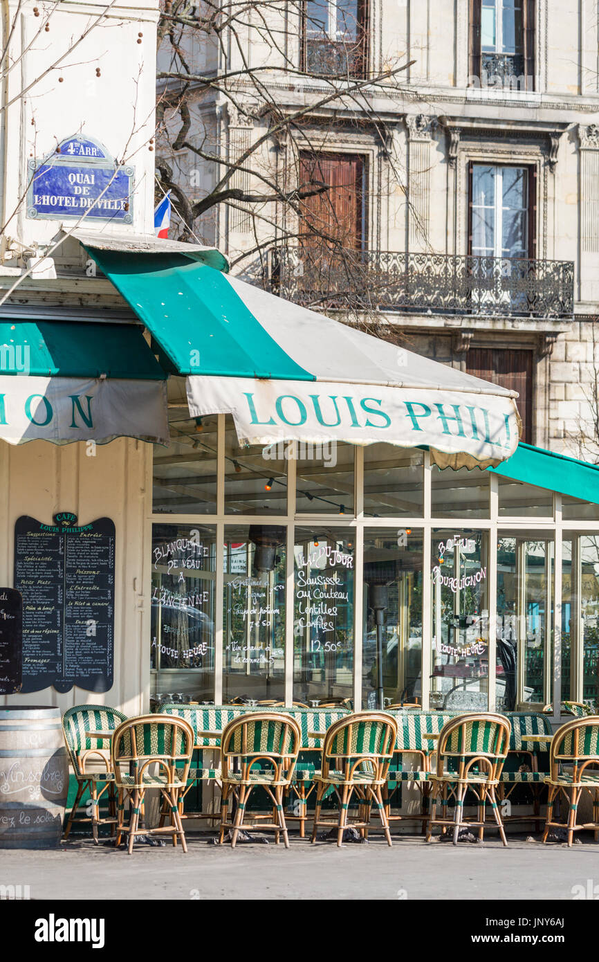 Paris, France - February 29, 2016: Cafe Louis Philippe on the Quai de l'Hotel de Ville, Paris. Stock Photo