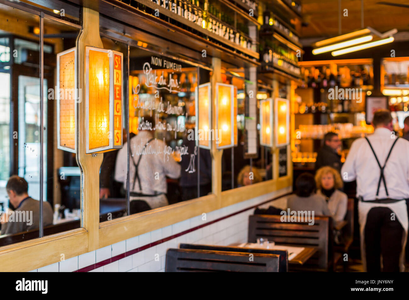 Paris, France - February 29, 2016: Interior of the St-Regis cafe restaurant on rue Jean du Bellay on Ile Saint-Louis, Paris, France. Stock Photo