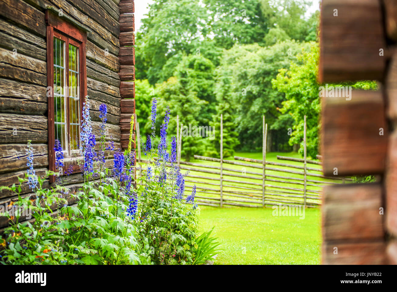 old traditional wooden house with garden Stock Photo - Alamy