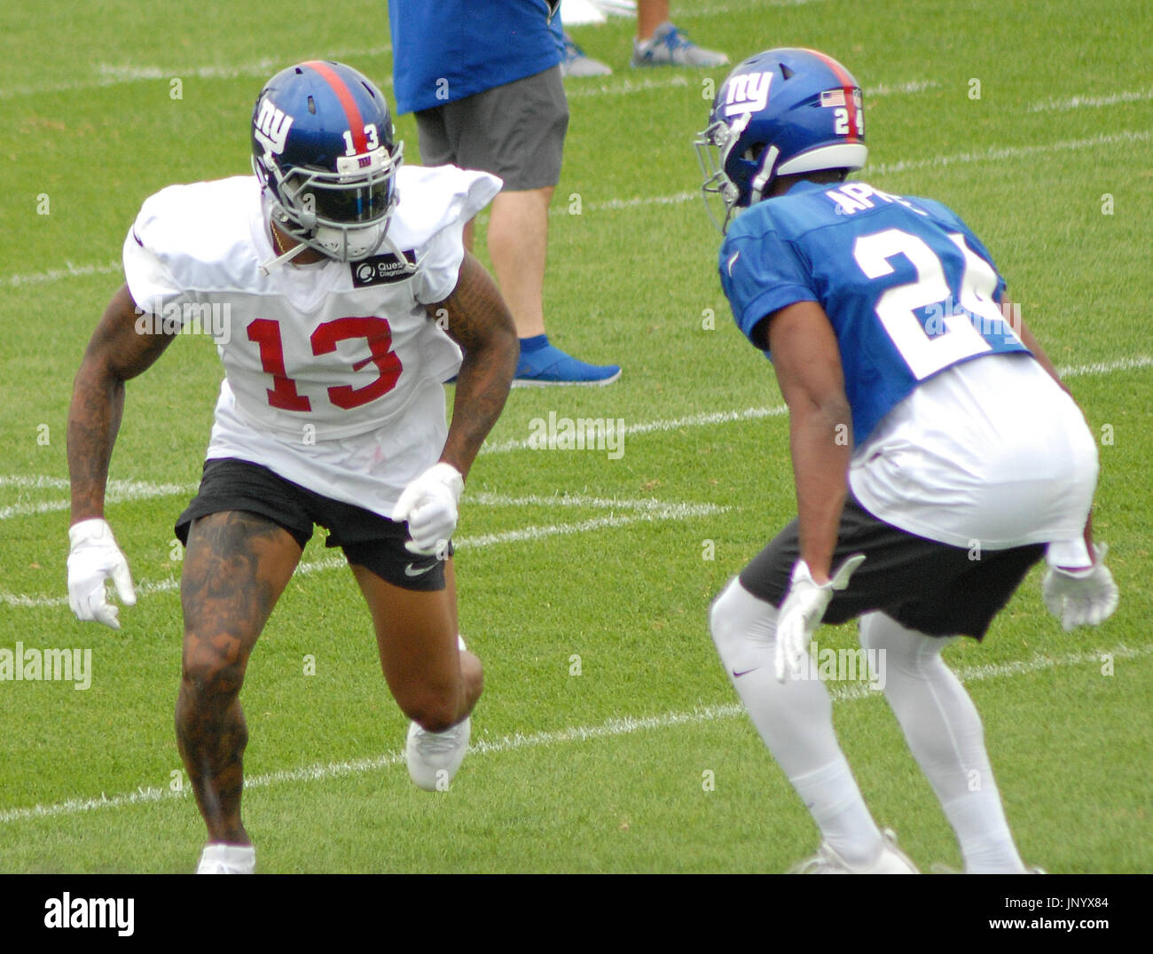 East Rutherford, USA. 29th Jul, 2017. The New York Football Giants took to the practice field in East Rutherford, NJ for NFL Training Camp on July 29, 2017. Odell Beckham Jr. and Brandon Marshall made plays at practice that excited the fans that were on hand to view the team. Credit: Roy Caratozzolo III/Alamy Live News Stock Photo