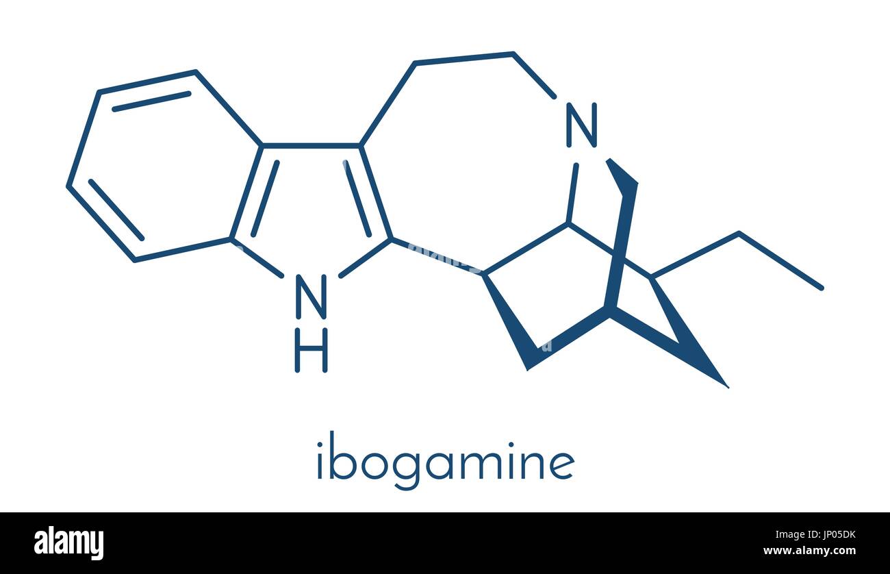 Ibogamine alkaloid molecule, found in Tabernanthe iboga. Skeletal formula. Stock Vector