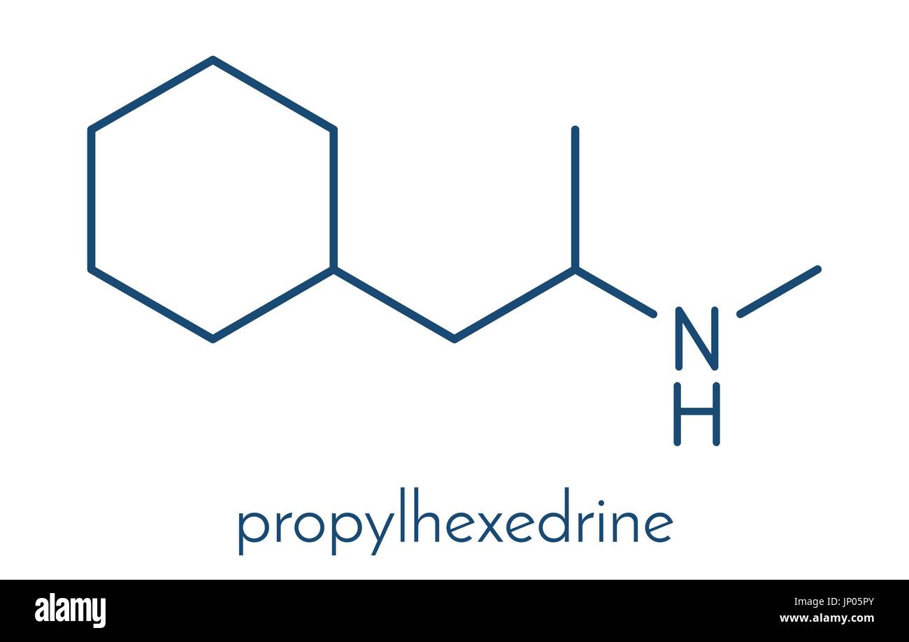 Propylhexedrine molecule. Used as nasal decongestant and stimulant. Skeletal formula. Stock Vector