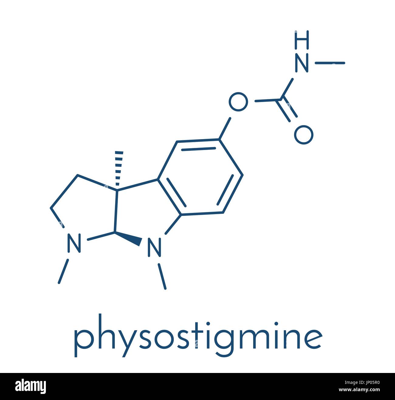 Physostigmine alkaloid molecule. Present in calabar bean and manchineel tree, acts as acetylcholinesterase inhibitor. Skeletal formula. Stock Vector