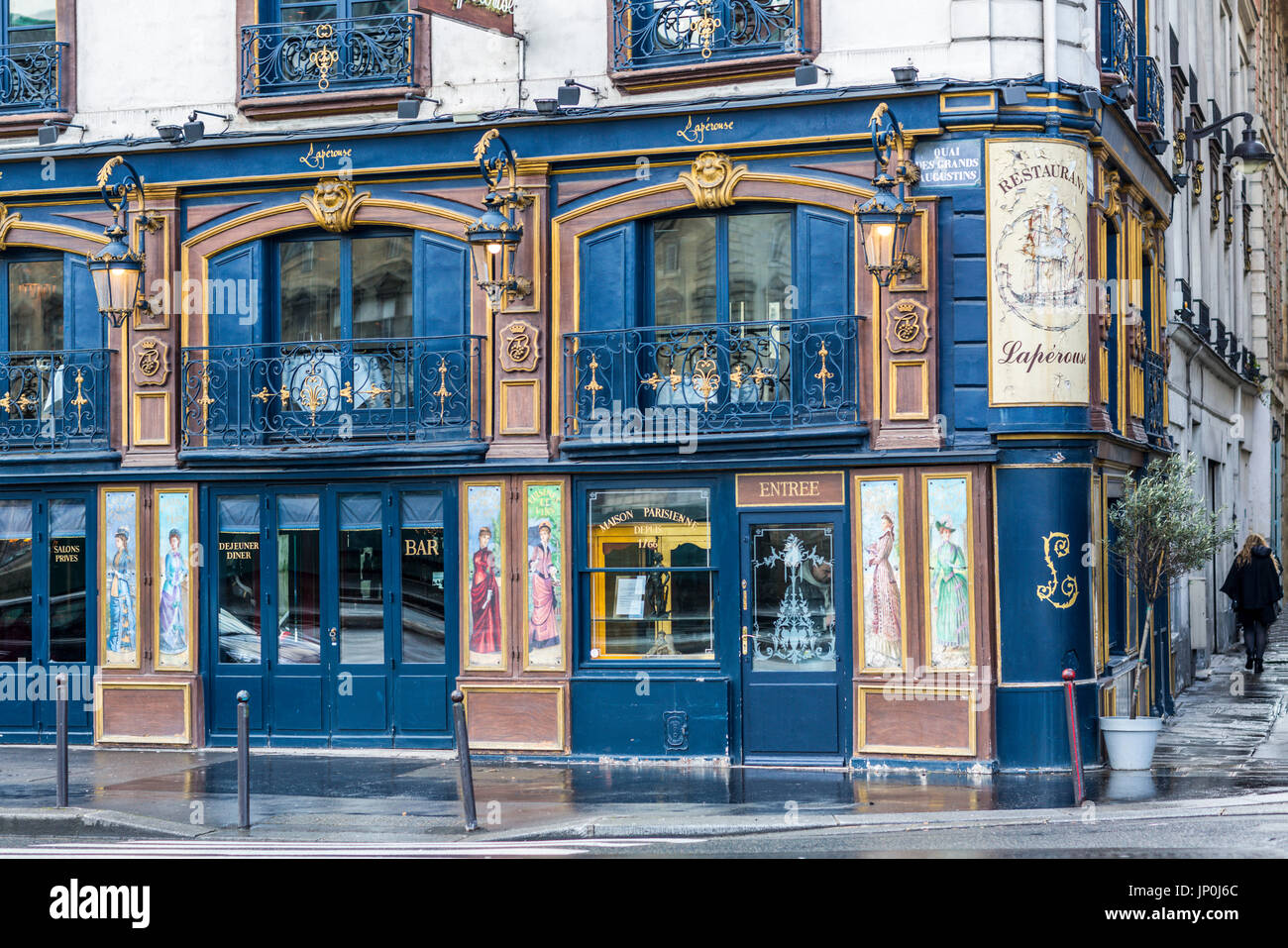 Paris, France - March 2, 2016: Exterior of the historic Restaurant Laperouse on Quai des Grands Augustins on the Left Bank between Pont Neuf and Pont Saint-Michel in Paris. Stock Photo