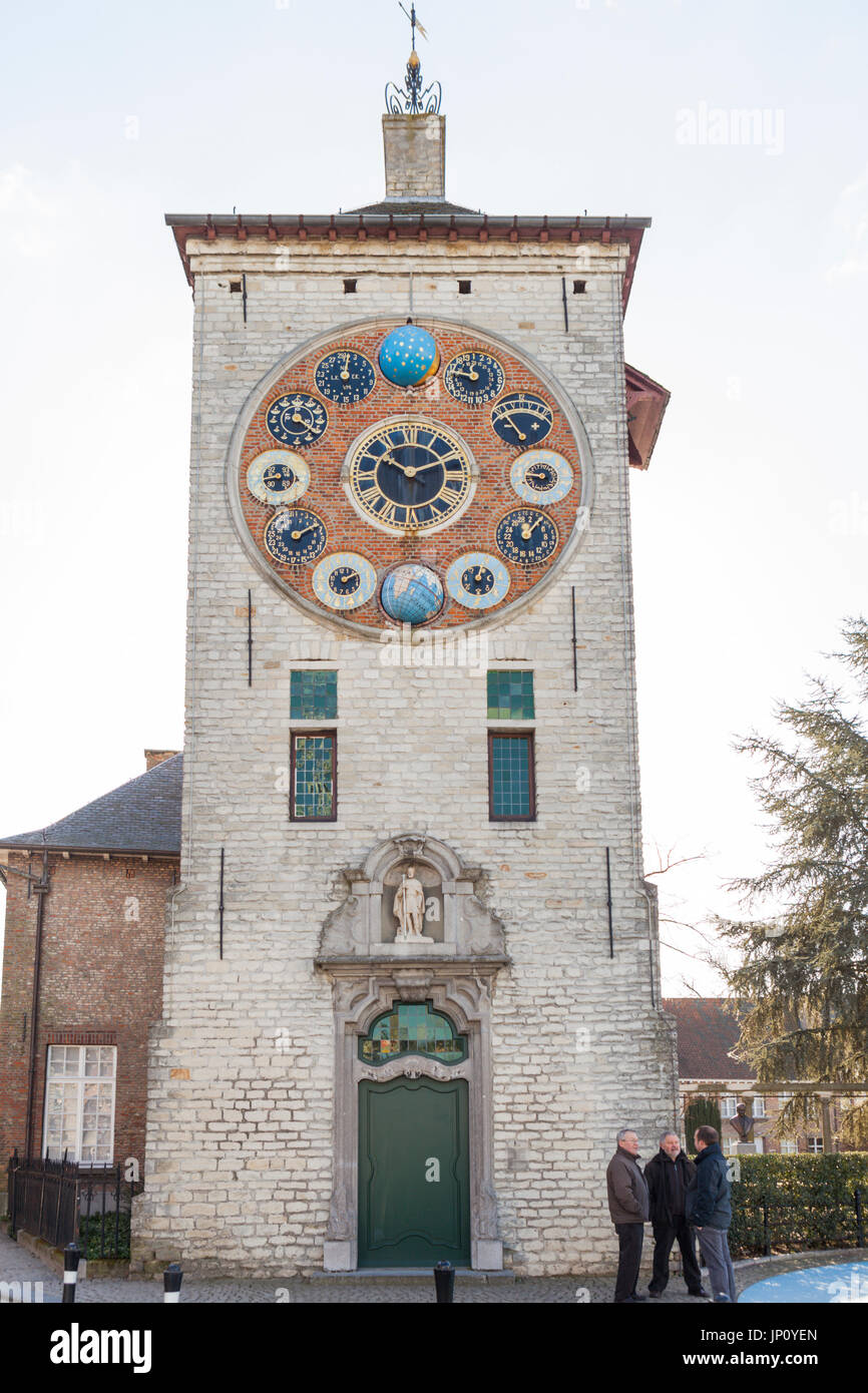 Lier, Belgium - March 6, 2011: The Zimmer (or Cornelius)  Tower and astronomical clock in Lier near Antwerp, Belgium. The tower was originally part of Lier's 14th century fortifications. Stock Photo
