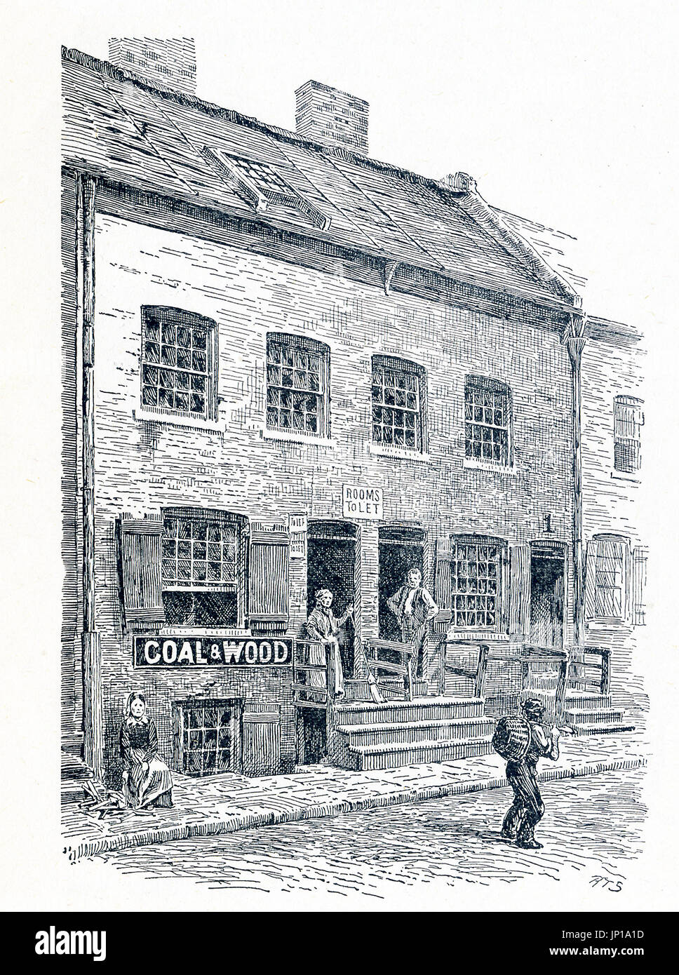 A tenement house on Hamilton Street in New York City that was known as 'The Ship' - a narrow entrance to the rear leading to the garret rooms. Nearby was the Water Street Mission. This illustration dates to 1899. Stock Photo